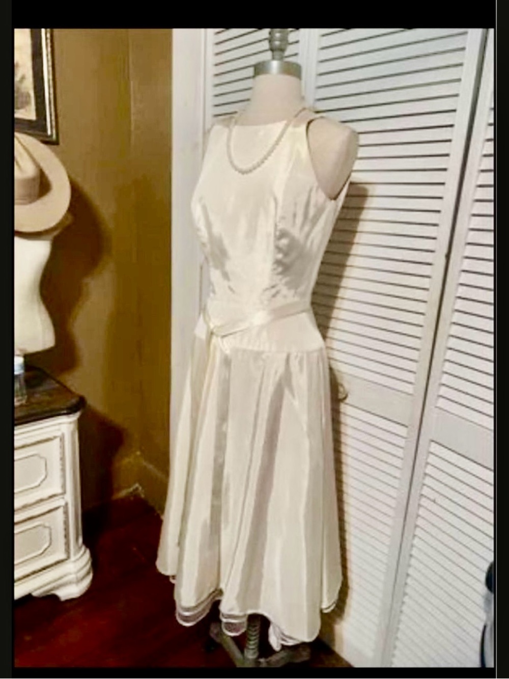 Cream Satin Sleeveless Midi Dress with Flared Skirt